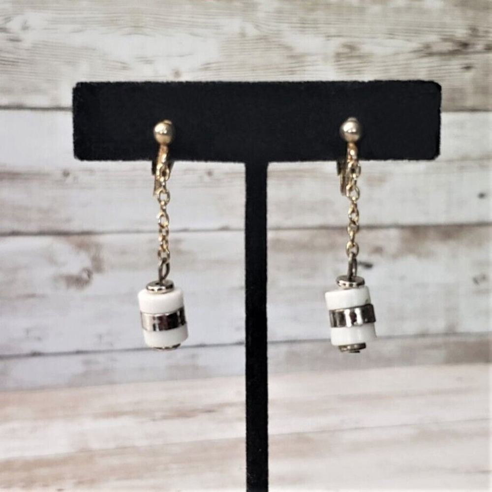 Vintage Clip On Earrings - Beaded White & Silver Tone Dangle